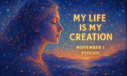 psychic november 1 An ongoing masterwork The physical world is our creation: we each create our own version of the world, our particular reality, our unique life experience. Because I am creating my life, I can look at my creation to get feedback about myself. Just as an artist looks at his latest creation to see what works well and what doesn’t, and thereby improves his skills, we can look at the ongoing masterwork of our lives to appreciate who we are and to recognize what we still need to learn. My life is my creation.
